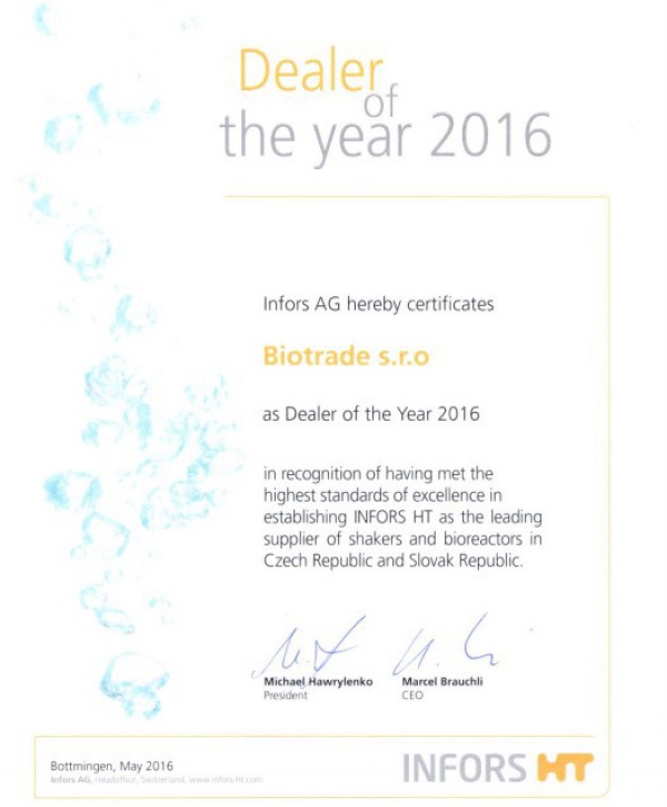 Certifikát Dealer of the year 2016
